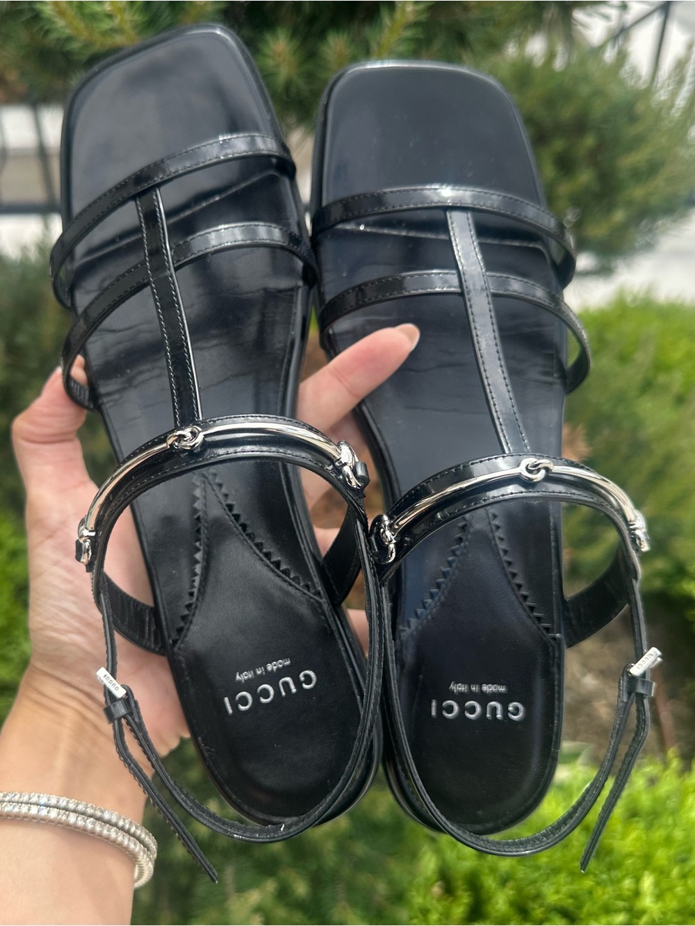Gucci Black Patent Leather Silver Horsebit Divine Cage Flate Sandals (Size 38.5) - Picture 4 of 16